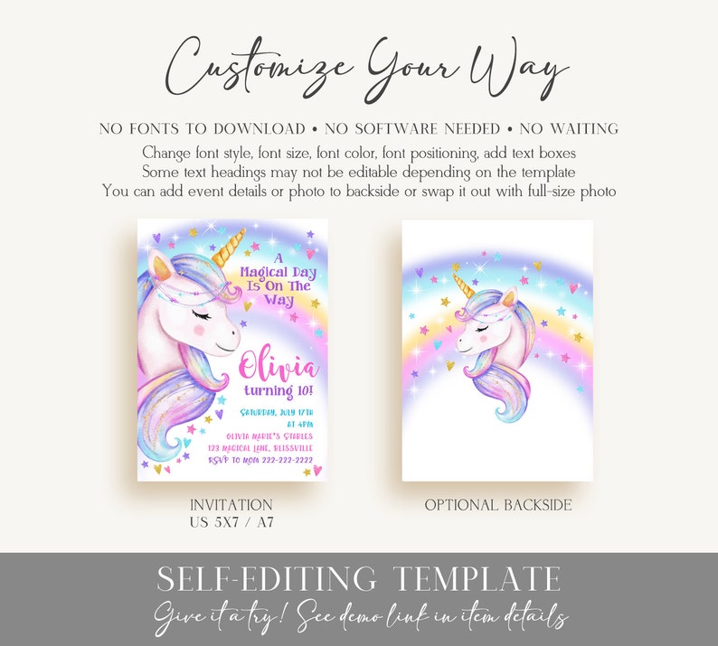 Unicorn Birthday Invitation Rainbow Unicorn Party Gold Glitter Pink Girl Magical Day Invites Digital Editable Printable Download UN1 image 4