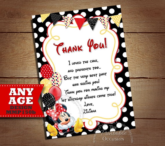 Minnie Mouse Thank You Card, Red Yellow Polka Dot Minnie Thank You Note, Minnie Mouse Dotted Printable Thank You MMRY Il_570xn