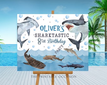 EDITABLE 16x20 Shark Backdrop Sign, Sharks Birthday Party Sign, Watercolor Sharks Printable Welcome Sign, Pool Party Instant Download SHK