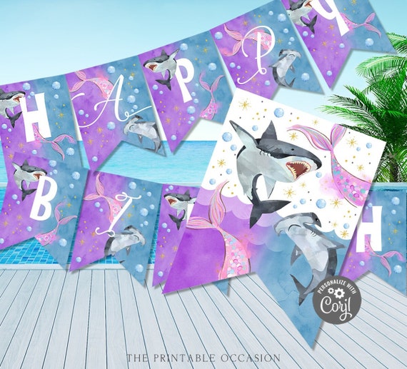 EDITABLE Shark and Mermaid Birthday Banner, Printable Sharks and Mermaids Birthday Banner Template, Birthday Party Banner Bunting SH1 Il_570xn