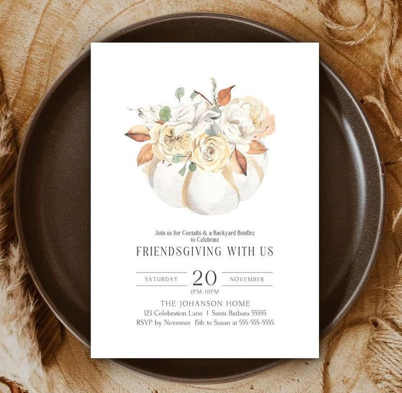 Editable Friendsgiving Minimalist Invitation Template Printable Autumn Friendsgiving Dinner Invitation Thanksgiving Holiday Invite Printable Friendsgiving