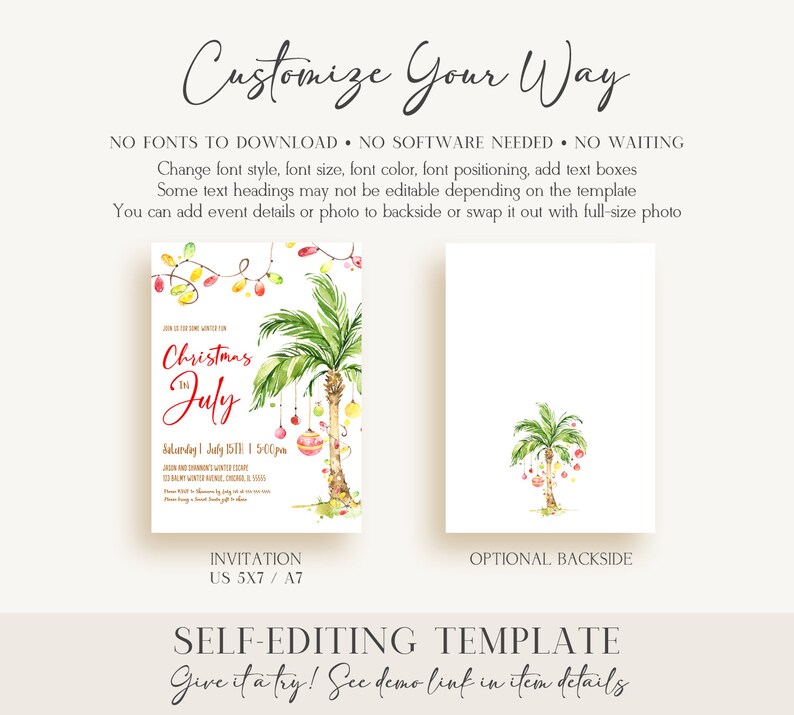 Editable Palm Tree Christmas Invitation Printable Christmas In July Invitation Tropical Christmas Party Invite Palm Tree Holiday Invite
