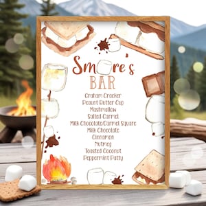 Editable Smores Bar Menu Sign Smores Bar Sign Smores Menu Sign S&#39;mores Station Birthday Party Smores Baby Shower Bonfire Camping Canva SM3