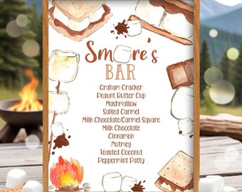 Editable Smores Bar Sign Smores Menu Poster Smores Station Sign Smores Baby Shower Camping Party Bonfire Birthday Smores Bar Template SM3