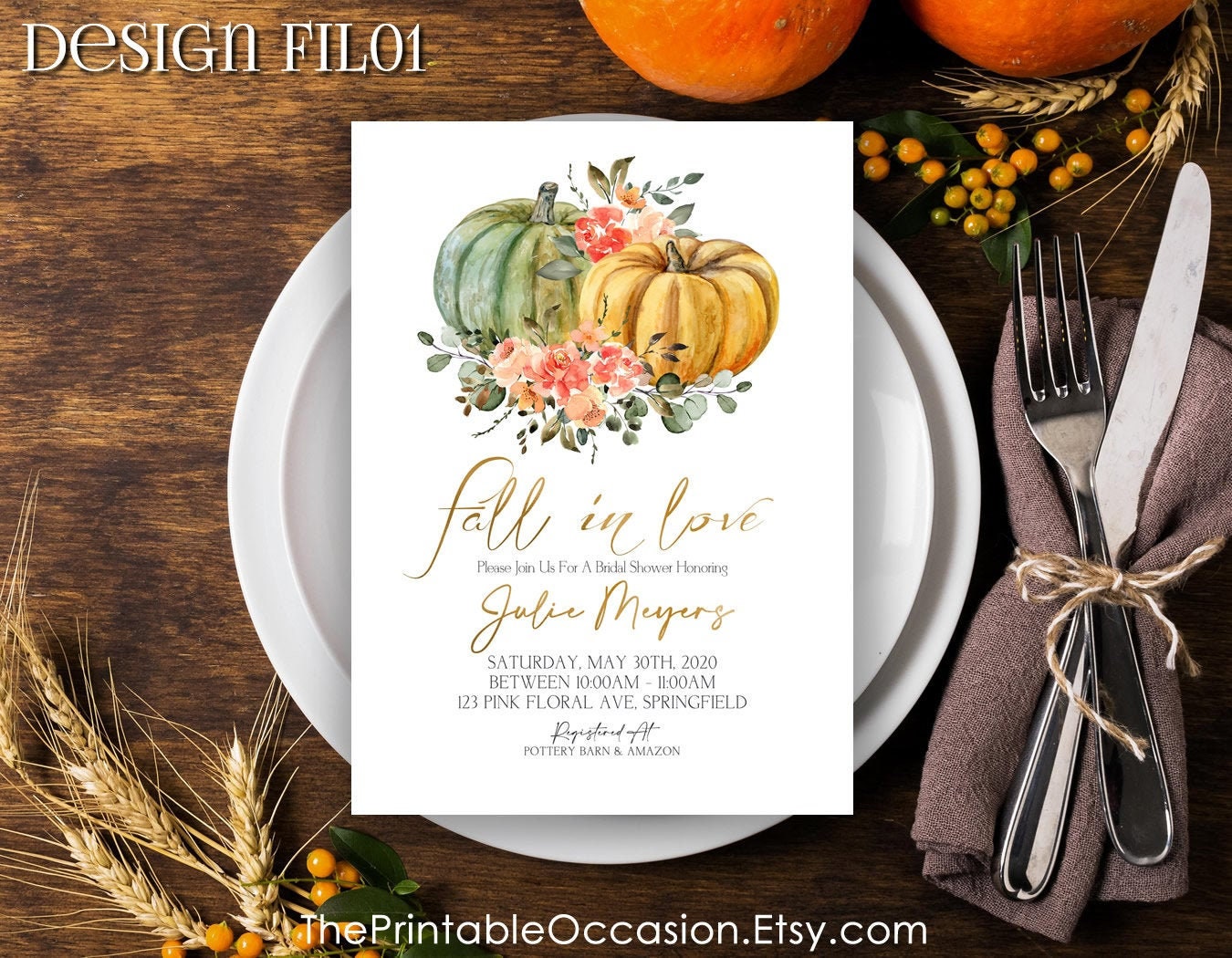 printable bridal shower invitation floral orange pumpkin fall in love