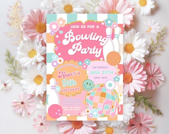 May include: A colorful bowling party invitation with the text "Join us for a Bowling Party". The invitation features a pink and orange color scheme with bowling pins, a ball, and a disco ball. The invitation is surrounded by white and pink flowers.