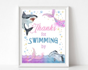 Thanks For Swimming By Sign Printable Mermaid and Sharks Birthday Sign Table Décor Sharks and Mermaid Party Under The Sea Download SH1
