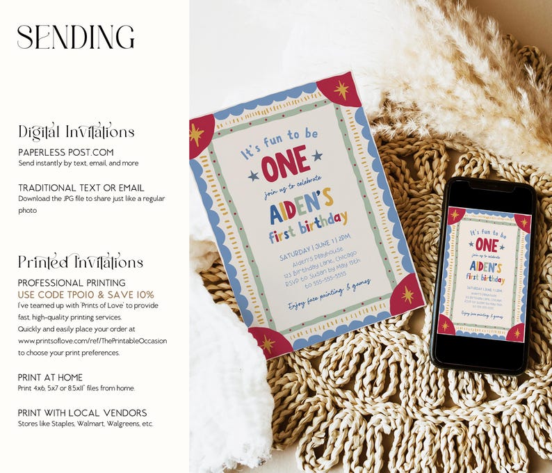 Featuring the digital invitation displayed beside a smartphone screen, this colorful first birthday design highlights playful lettering, hand drawn details, and retro inspired accents. The scene demonstrates how the invitation can be shared digitally by text or email. Woven textures and soft neutral decor create a cozy presentation. The image showcases both printable and electronic invitation options.