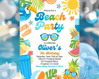 EDITABLE Beach Birthday Party Invitation Tropical Splish Splash Boy's Beach Party Invite Boys Summer Party At The Beach Instant Download P8