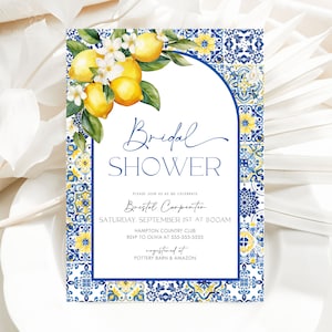Mediterranean Lemon Bridal Shower Invitation Template Italian Blue Tiles Bridal Shower Arched Invite Main Squeeze Instant Download Canva MT1