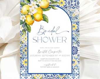 Mediterranean Lemon Bridal Shower Invitation Template, Italian Blue Tiles Bridal Shower Arched Invite, Main Squeeze, Instant Download MT1