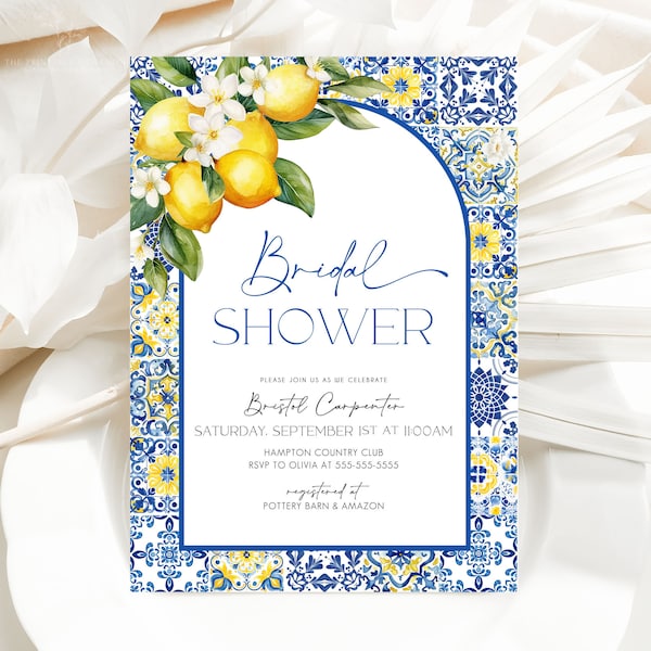 Mediterranean Lemon Bridal Shower Invitation Template, Italian Blue Tiles Bridal Shower Arched Invite, Main Squeeze, Instant Download MT1