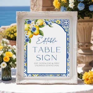 Editable Mediterranean Tile Lemons Custom Sign Amalfi Coast Italian Blue Tile Sign Yellow Azulejo Tile & Lemon Printable Canva Template MT2