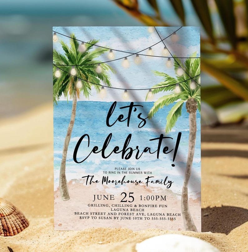 Set the vibe for a laid-back beach party with this editable tropical summer celebration invitation! Featuring palm trees, ocean waves, and string lights, this watercolor beach BBQ invite is perfect for a family gathering, summer cookout, bonfire party, or coastal birthday celebration. Whether you're hosting a grill and chill beach bash, a sunset bonfire, or a tropical luau, this stylish design captures the relaxed, fun atmosphere.