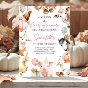 May include: A party invitation featuring watercolor illustrations of farm animals, including a rooster, cow, lamb, horse, duckling, pig, and goose. The invitation reads "Calling All Party Animals" and announces Scarlett's fourth birthday.