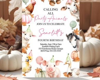 Fall Farm Birthday Invitation Fall Party Animals Farm Birthday Invite Barnyard Pumpkin Patch Petting Zoo Invite Editable Canva Kids FA5