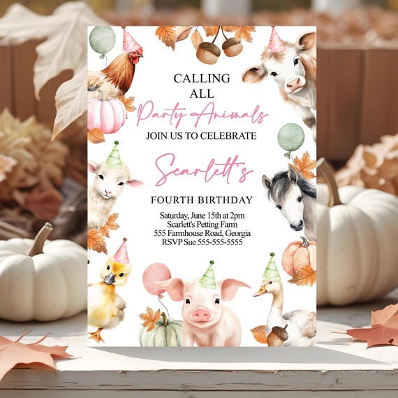 10 Pack Cute Farm Animal Cartoon Birthday Party Invitations For Kids – Multicolored Flat Cards