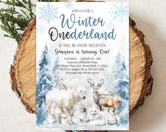 Boy's Winter ONEderland Birthday Invitation Printable Blue Arctic Animals Winter ONEderland First Birthday Invite Forest Trees Birthday W4