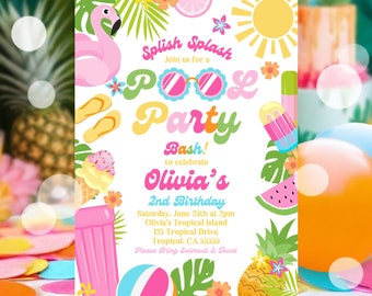 Editable Pool Party Invitation Tropical Splish Splash Girly Pool Party Invitation Summer Swimming Pool Splash Pad Party Instant Download P5