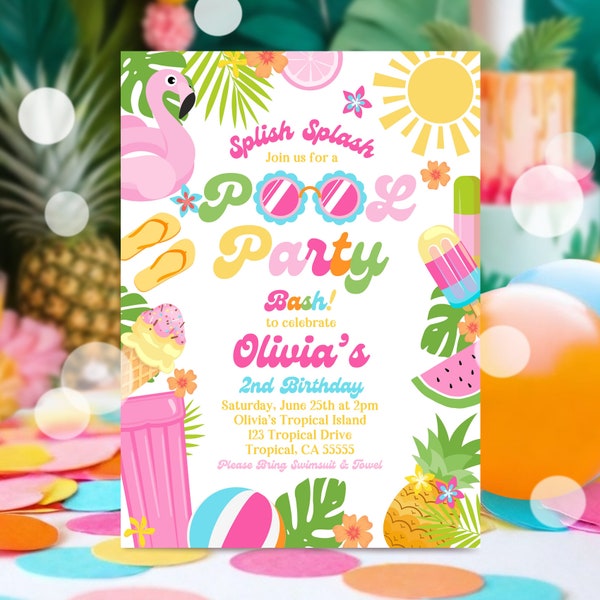 Editable Pool Party Invitation Tropical Splish Splash Girly Pool Party Invitation Summer Swimming Pool Splash Pad Party Instant Download P5