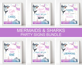 Sharks and Mermaids Party Signs Bundle, Purple Pink Blue Sharks Mermaids Birthday Signs Brother Sister Sibling  Signs Instant Download SH1