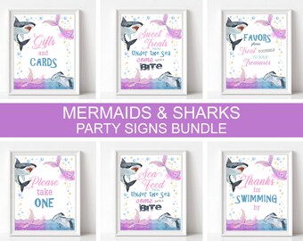 May include: A set of 6 printable party signs featuring mermaids and sharks. The signs are in a light blue, pink, and white colour scheme with a watercolour effect. The signs include the text: "Gifts and Cards", "Sweet Treats from Under the Sea", "Favors Please Treat Yourself to Some Treasures", "Please Take One", "Sea Food from Under the Sea", and "Thanks for Swimming by".