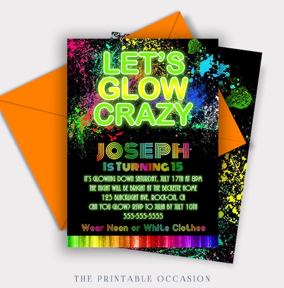 EDITABLE Glow Birthday Invitation Boys Glow Invitation Neon Glow Invitation Neon Glow Party Glow in the Dark Birthday Party Download GL4 Etsy UK