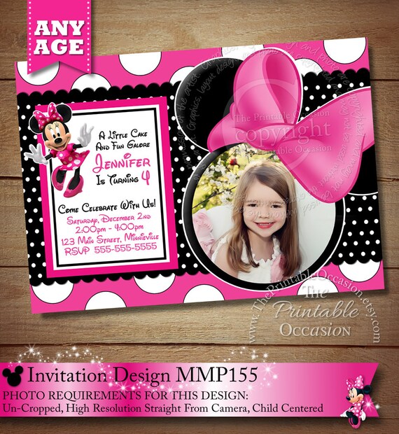 SAME DAY SVC Pink Polka Dot Minnie Mouse Birthday Invitation, Pink Minnie Mouse Photo Invitations, Printable Invitation, Photo Invitation Il_570xn