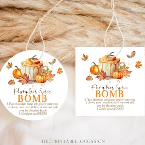 May include: Two tags with a watercolor illustration of a pumpkin spice drink, pumpkins, and fall leaves. The tags read "Pumpkin Spice BOMB" with instructions. One tag is round, the other is square. Both are tied with string.
