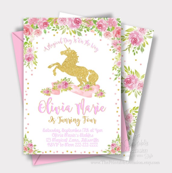 SAME DAY SVC Unicorn Birthday Invitation, Unicorn Birthday Party, Pink & Gold Unicorn, Floral, Magical Unicorn 1st Birthday, Watercolor Il_570xn