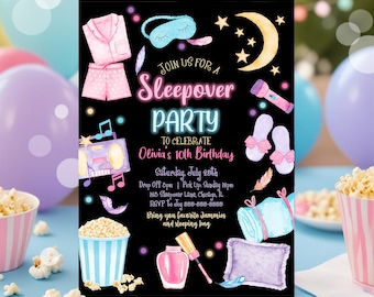 May include: A black sleepover party invitation with watercolour illustrations of pajamas, a sleep mask, a boombox, slippers, a flashlight, a pillow, and a rolled blanket. The text reads "Join us for a Sleepover Party".
