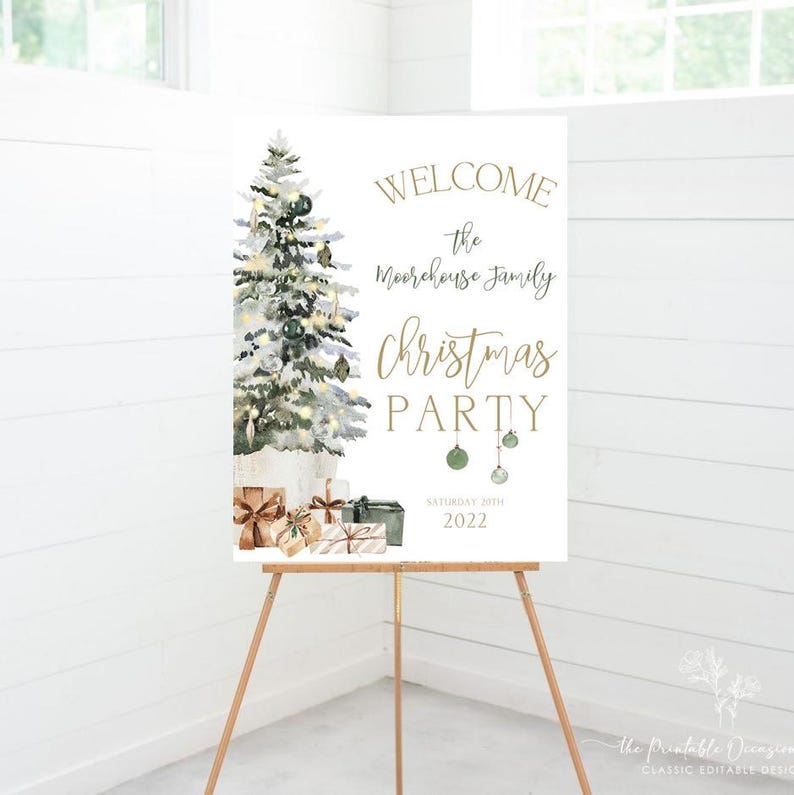 Editable Christmas Party Welcome Sign featuring a watercolor green tree decorated with gold and green ornaments and wrapped gifts at the base. The design reads “Welcome The Moorehouse Family Christmas Party” in elegant gold and green script, editable in Corjl. Shown printed on a modern easel inside a bright white farmhouse room, this festive printable holiday welcome sign creates a warm and stylish entrance for your Christmas dinner or office holiday party.