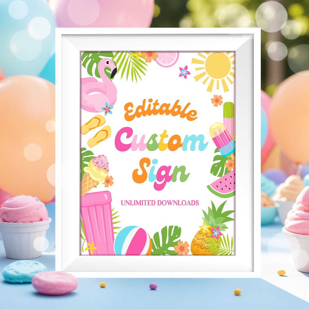 Pool Oarty Signs Editable Pool Party Custom Sign Tropical Splish Splash Girly Pool Party ...