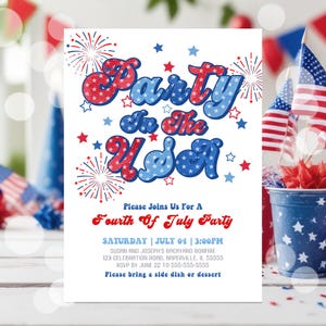 Editable Fourth of July Party Invitation Party in the USA Red White and Blue Backyard BBQ Bonfire Printable Invite for Independence Day P1
