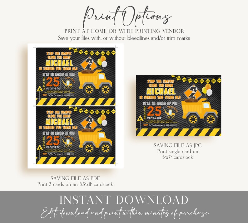 Editable Construction Invitation, Construction Birthday Invitations, Dump Truck Party Invite, Printable template Digital Instant download C1 image 3