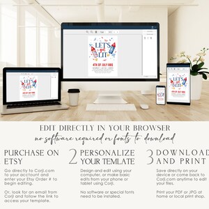 Peut inclure: Une maquette num&eacute;rique d'un mod&egrave;le d'invitation pour un barbecue du 4 juillet. L'invitation pr&eacute;sente un design aquarelle avec des feux d'artifice rouge, blanc et bleu et le texte "Let's get lit". Le texte "4th of July BBQ" est &eacute;galement inclus. L'image montre le mod&egrave;le en cours d'&eacute;dition sur un ordinateur, une tablette et un t&eacute;l&eacute;phone. Le texte "Modifier directement dans votre navigateur, aucun logiciel ou police de caract&egrave;res &agrave; t&eacute;l&eacute;charger" est inclus.