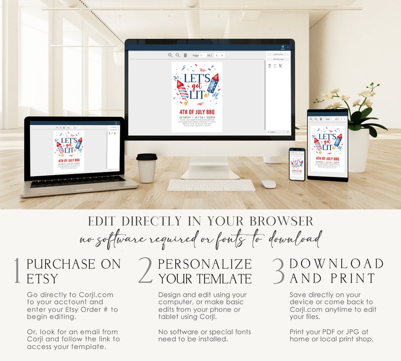 Peut inclure: Une maquette num&eacute;rique d'un mod&egrave;le d'invitation pour un barbecue du 4 juillet. L'invitation pr&eacute;sente un design aquarelle avec des feux d'artifice rouge, blanc et bleu et le texte "Let's get lit". Le texte "4th of July BBQ" est &eacute;galement inclus. L'image montre le mod&egrave;le en cours d'&eacute;dition sur un ordinateur, une tablette et un t&eacute;l&eacute;phone. Le texte "Modifier directement dans votre navigateur, aucun logiciel ou police de caract&egrave;res &agrave; t&eacute;l&eacute;charger" est inclus.