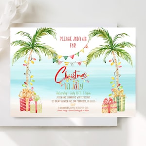 Tropical Christmas Invitation Christmas In July Invitation Tropical Christmas Party Printable Holiday Invitation Palm Tree Beach Corjl TC1