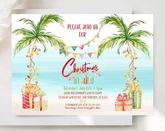 Editable Tropical Christmas Invitation Christmas In July Party Invite Template Watercolor Beach Palm Tree Holiday Invite Printable TC1