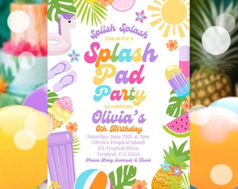EDITABLE Splash Pad Birthday Party Invitation Tropical Splish Splash Girly Pool Party Invite Summer Splash Pad Party Instant Download P7