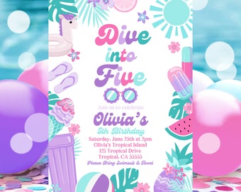 EDITABLE Dive Into Five 5th Birthday Party Invitation Tropical Summer Splish Splash Girly Pool Birthday Party Instant Download P6