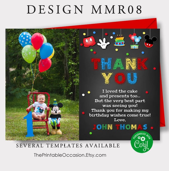 EDITABLE Mickey Mouse Thank You Templates, Printable Chalkboard Thank You Cards, Mickey Mouse Thank You Note, Instant Download Corjl Digital Il_570xn