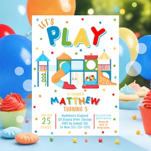 Puede incluir: Una invitación colorida con las palabras "LET'S PLAY" en letras grandes y divertidas. El diseño presenta una ilustración de un parque infantil y el texto "MATTHEW TURNING 5". Incluye detalles del evento como fecha, hora y lugar.