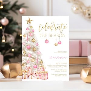 Editable Christmas Party Invitation Pink and Gold Christmas Invite Template Christmas Tree Party Invitation Holiday Party Invitation T3B