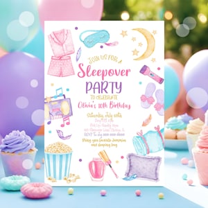 Editable Slumber Party Birthday Invitation Sleepover Birthday Invite Pink Girl Spa Tween Teen Digital Download Printable Template Canva SO1