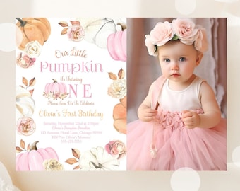 Editable Our little Pumpkin Is Turning One Photo Invitation Girl Pink Pumpkin First Birthday Invitation First Birthday Corjl Template PM1