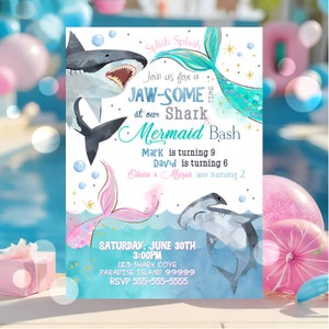 May include: A blue and green invitation with a shark and mermaid tail design. The text reads "Splish Splash Join us for a Jaw-Some at our Shark Mermaid Bash Mark is turning 9 David is turning 6 Olivia & Maria are turning 2 Saturday, June 30th 3:00PM 123 Shark Cove Paradise Island 99999 RSVP 555-555-5555"