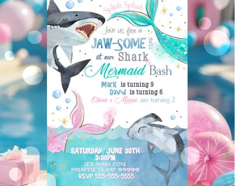 EDITABLE Sharks and Mermaids Invitation, Sharks and Mermaids Birthday, Brother Sister Sibling Invite, Under the Sea Instant Download SH3