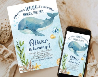 Editable Whale Birthday Invitation Under the Sea Boy Birthday Party Invite Ocean Whale Party Template Corjl Blue Sea Instant Download W1