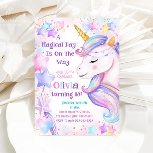 The Printable Occasions offers custom wedding birthday and baby shower templates for every celebration. Editable unicorn birthday invitation with watercolor rainbow unicorn and pastel stars. Printable girl unicorn party invite with magical theme. Includes free matching favor tags. Perfect for kids birthday parties and instant download on Corjl. Create your own unique unicorn party invitation design in minutes.